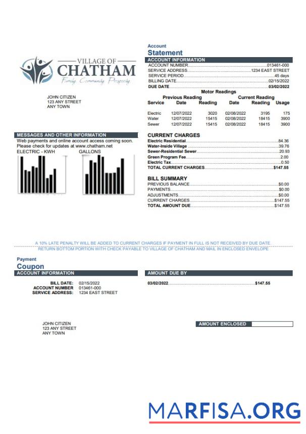 Downloadable USA Village of Chatham utility bill template in Word and PDF format
